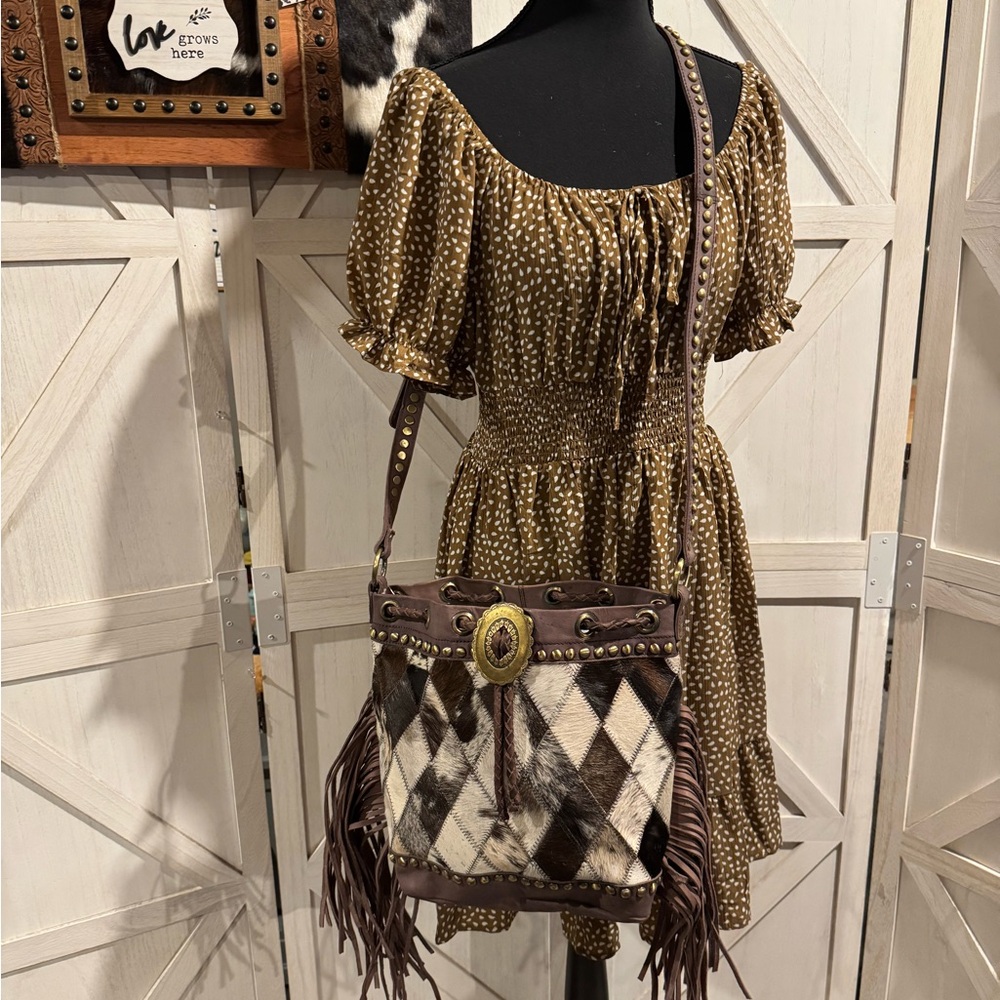 American Darling Brown and Cream Crossbody Bag with Fringe